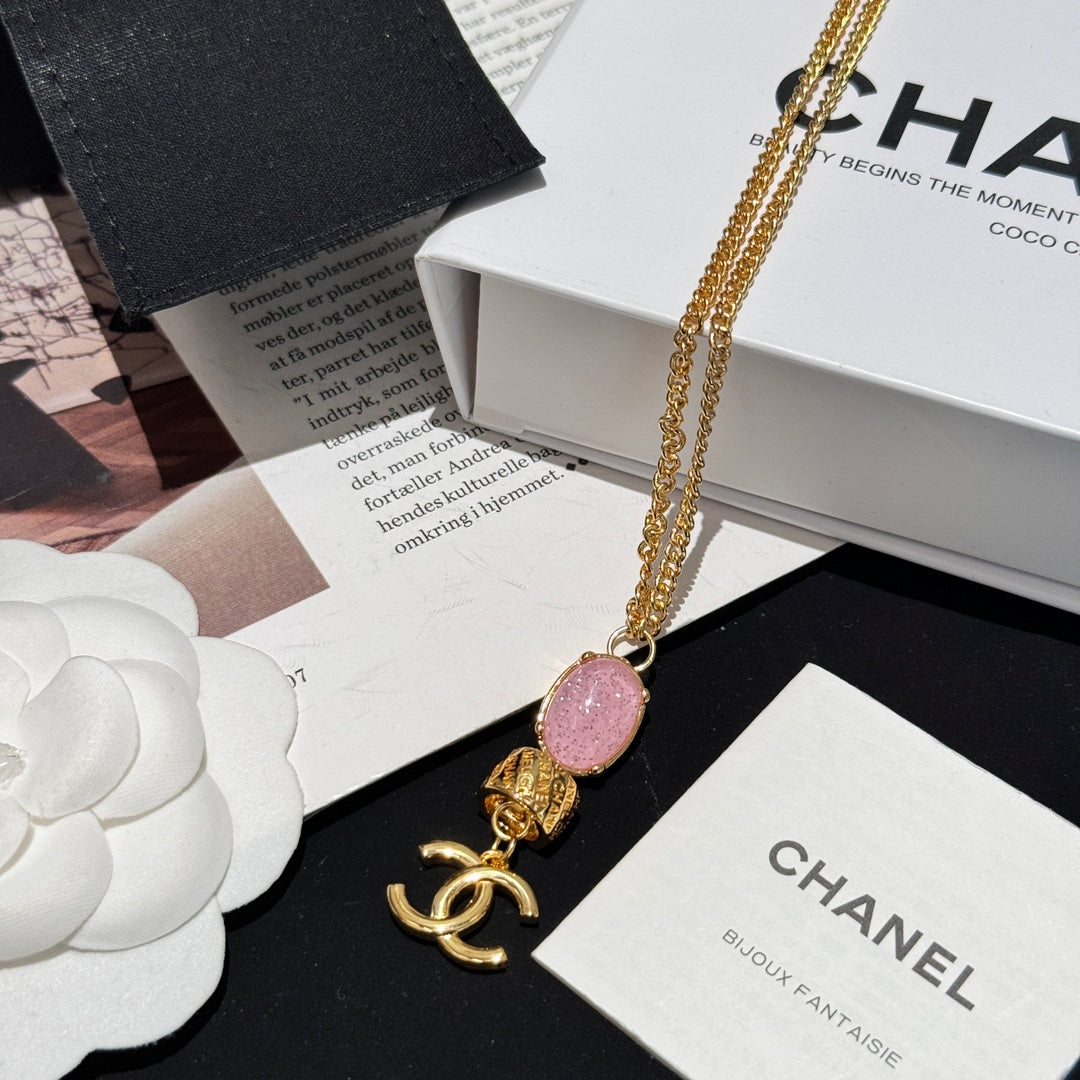 Chanel's New Fashionable Pink Gemstone Letter Necklace XLC55