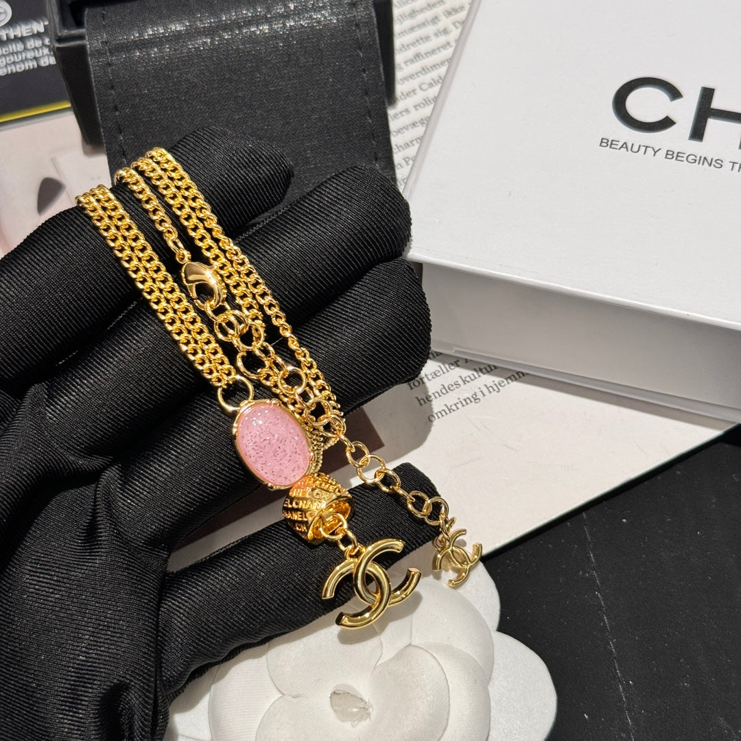 Chanel's New Fashionable Pink Gemstone Letter Necklace XLC55