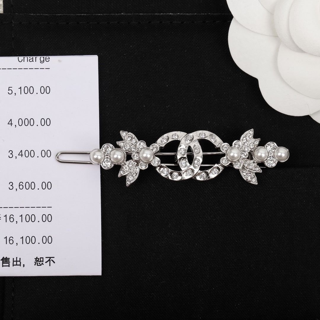 high grade silver pearl letter clip with diamond side hair clip fja2