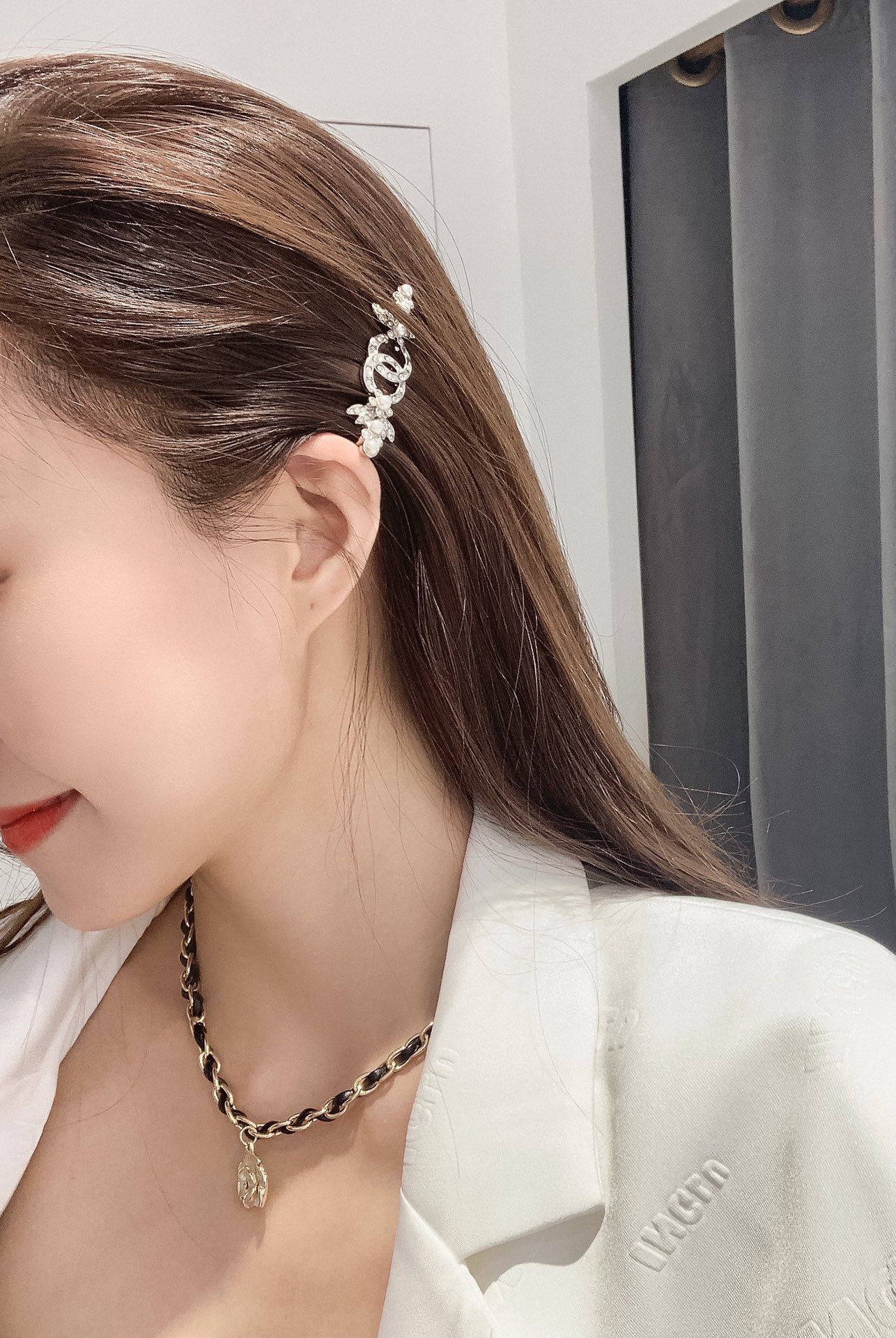 high grade silver pearl letter clip with diamond side hair clip fja2