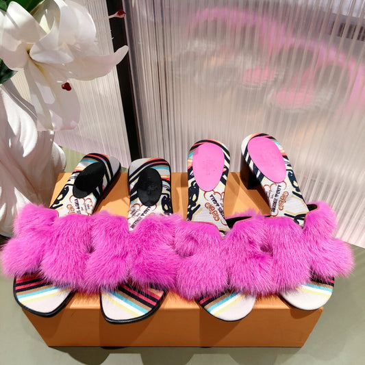 New Summer and Korean Versatile Plush andNew Mink Hair H Cool Slippers for Women's Outwear Summer and Korean Versatile Plush Thick Heel Slippers XZH39