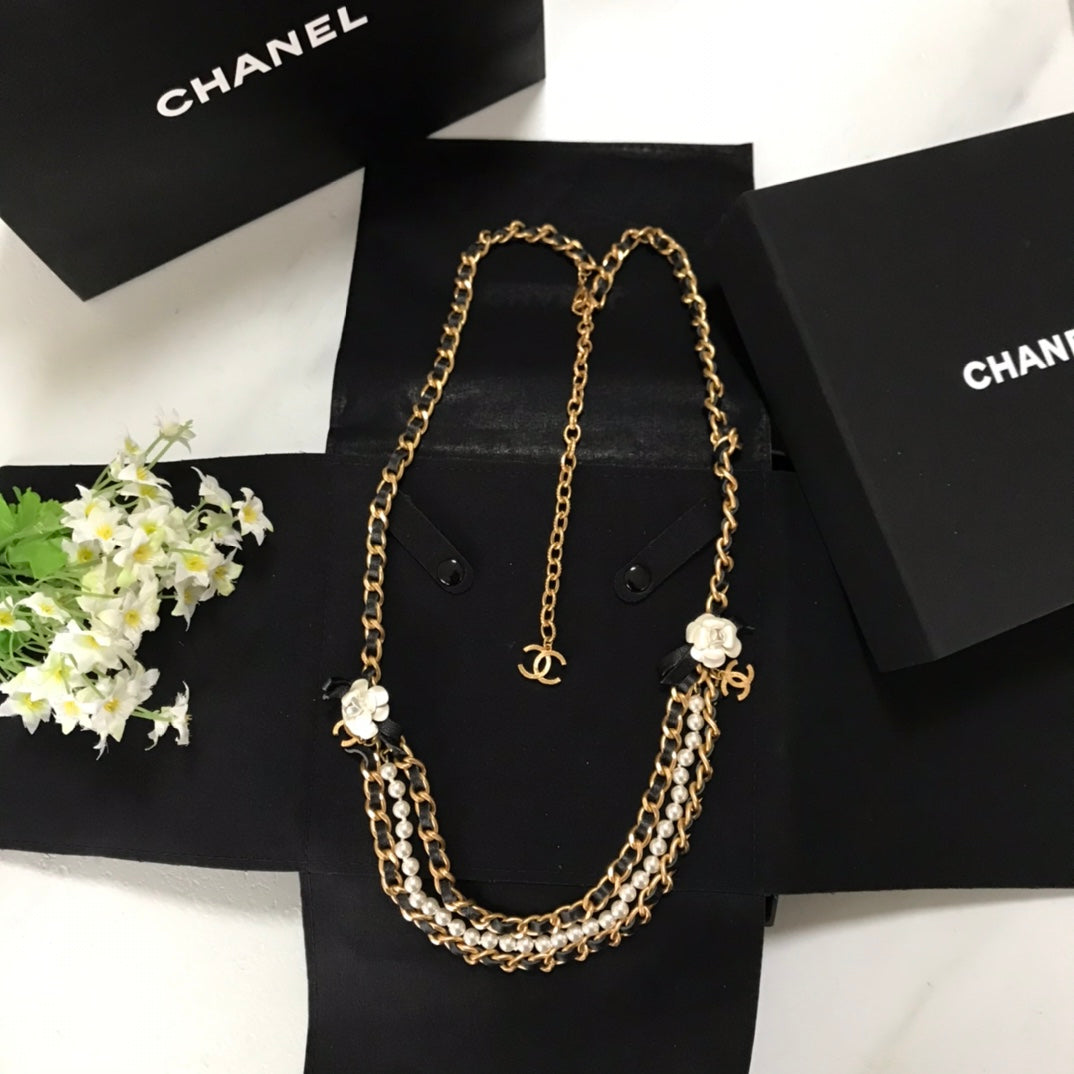 Personalized and trendy versatile black gold camellia pearl waist chain/necklace dual-purpose XLA57