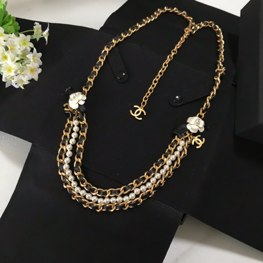 Personalized and trendy versatile black gold camellia pearl waist chain/necklace dual-purpose XLA57