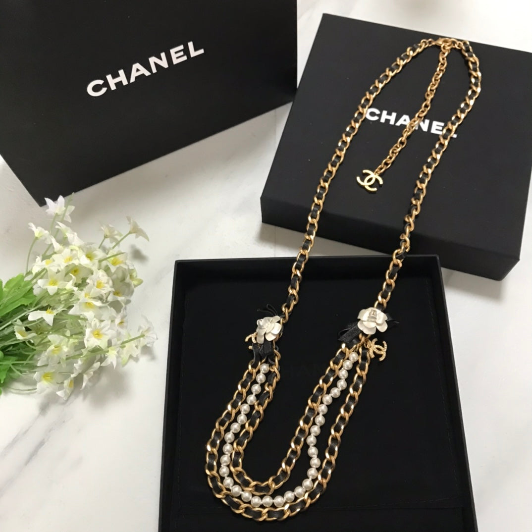 Personalized and trendy versatile black gold camellia pearl waist chain/necklace dual-purpose XLA57