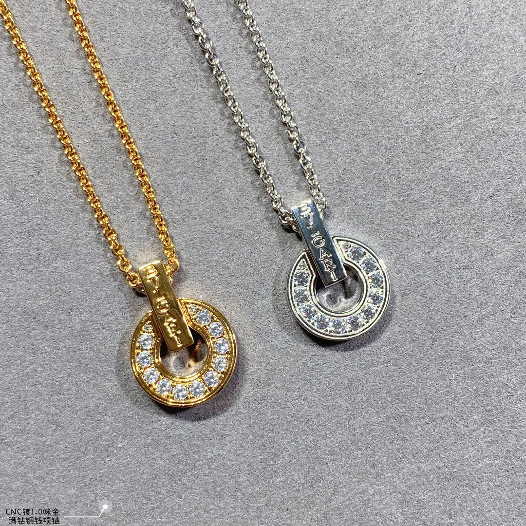 Bulgari Rose Gold Hollow Full Diamond Copper Coin White Fritillaria Set Diamond Necklace XLA67