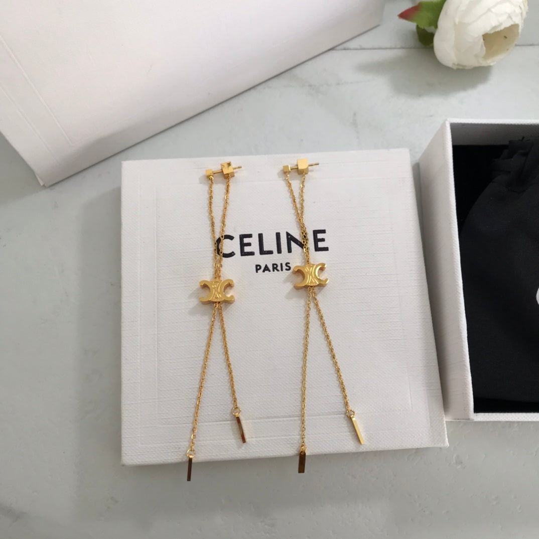 cel arc de triomphe geometric letter tassel pendant gold earrings eha133