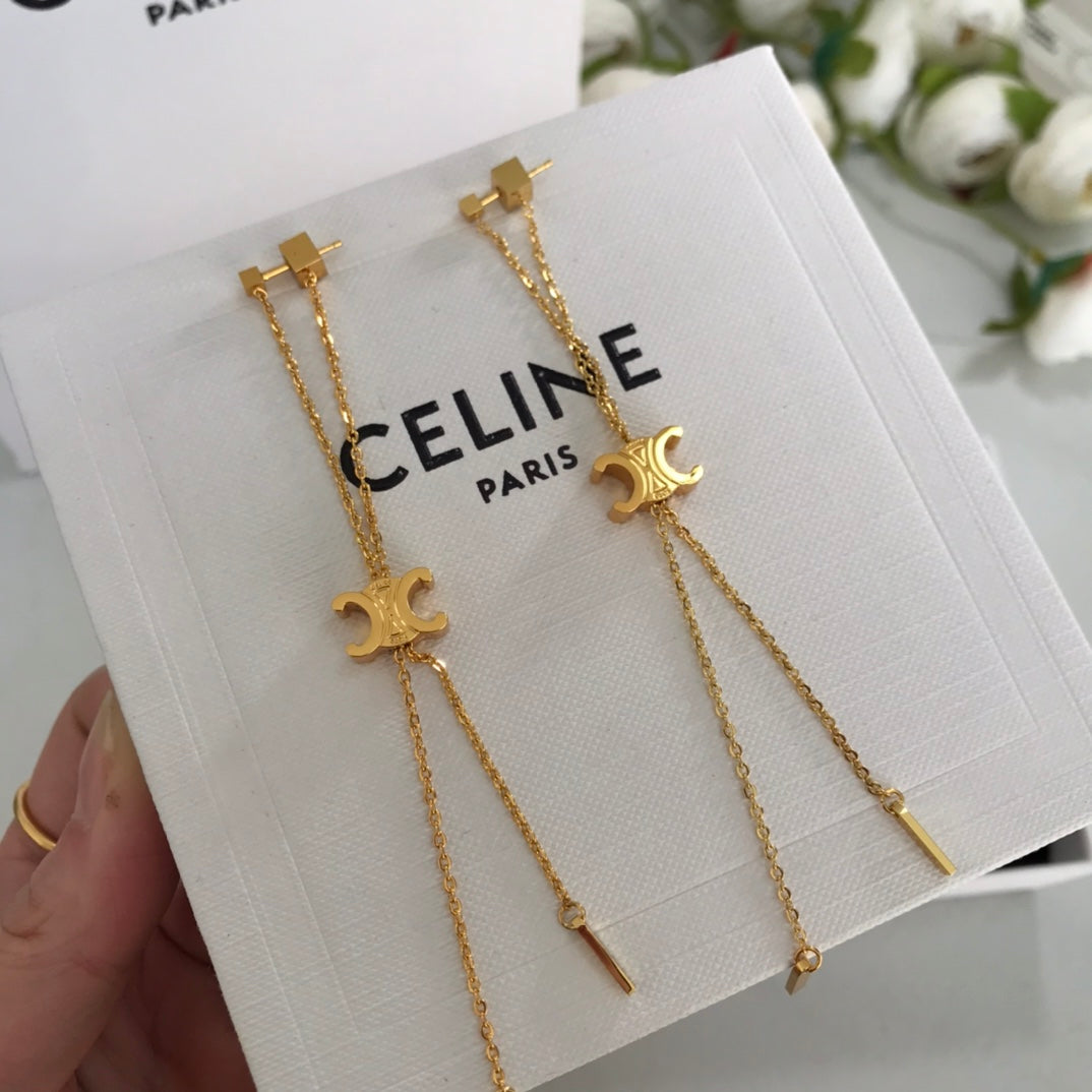 cel arc de triomphe geometric letter tassel pendant gold earrings eha133