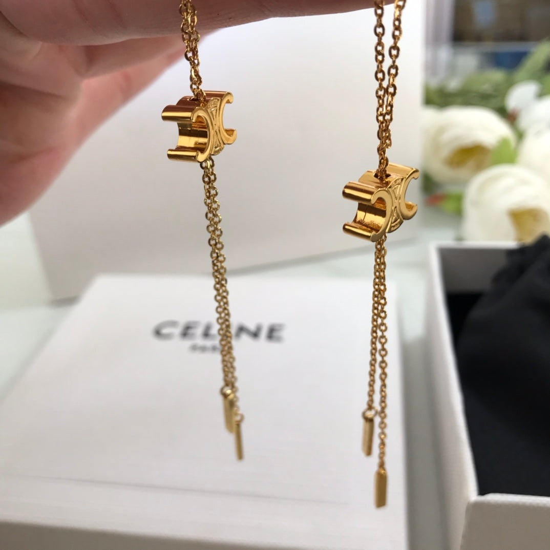 cel arc de triomphe geometric letter tassel pendant gold earrings eha133