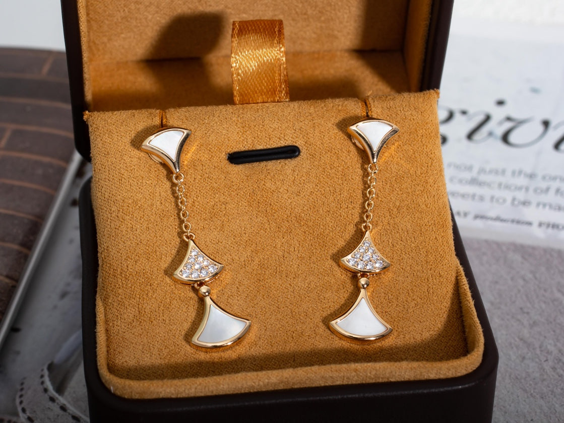 trendy fan set with diamonds long hanging white fritillaria rose gold earrings eha83