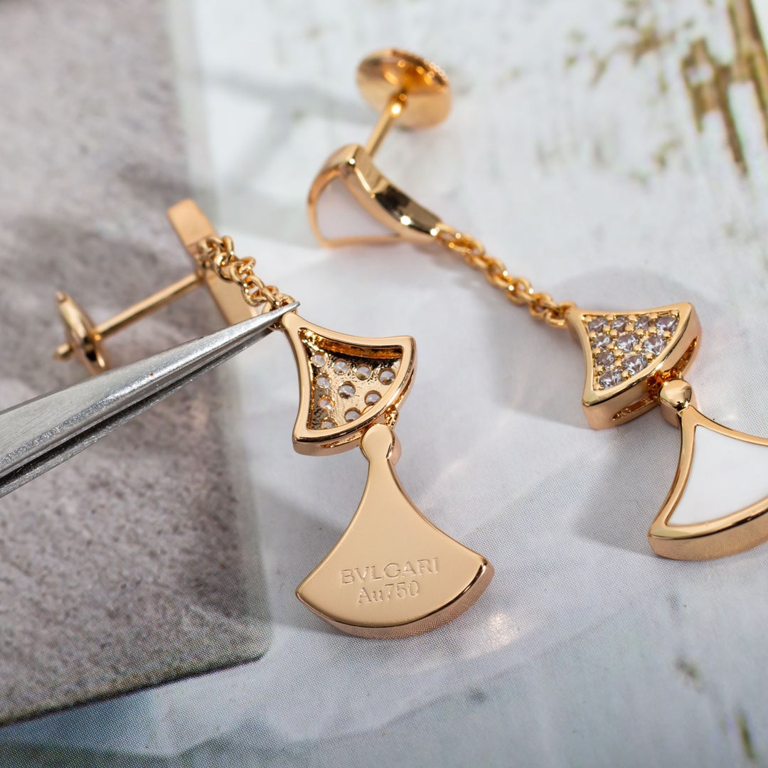 trendy fan set with diamonds long hanging white fritillaria rose gold earrings eha83