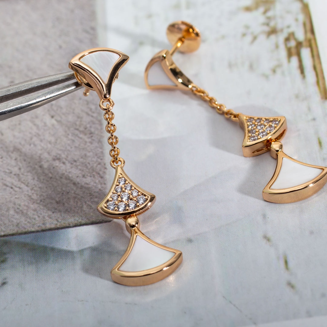 trendy fan set with diamonds long hanging white fritillaria rose gold earrings eha83