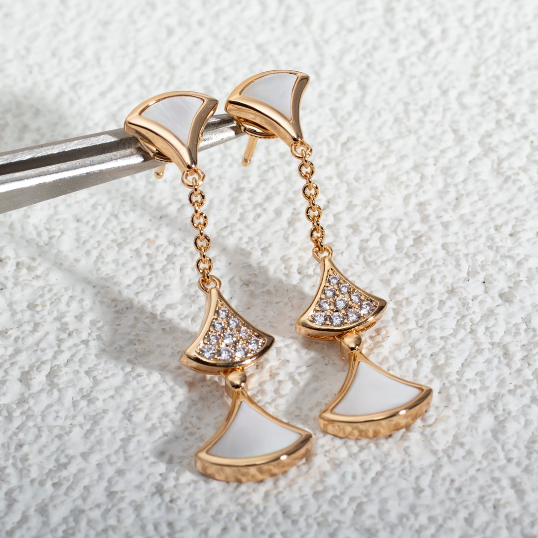 trendy fan set with diamonds long hanging white fritillaria rose gold earrings eha83