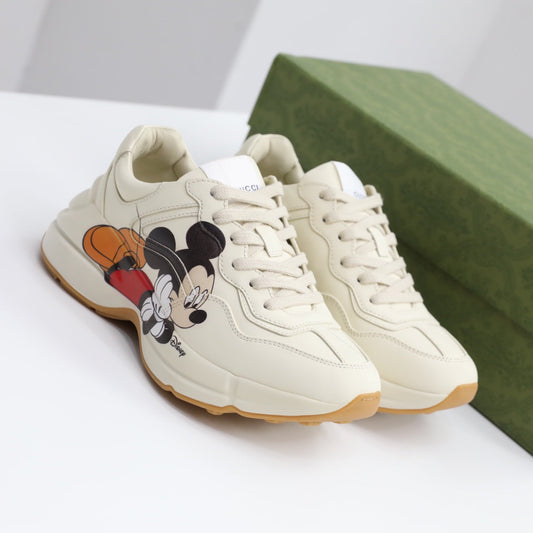 New White Genuine Leather Thick Sole Casual Mickey Color Block Printed Comfortable Sports Shoes XZH119