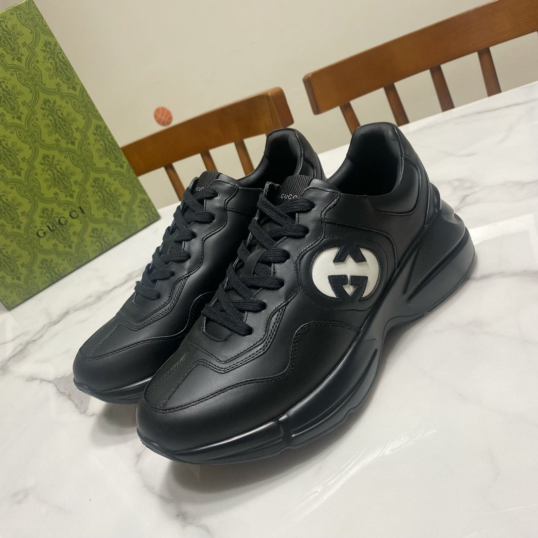 2024 Spring/Summer Genuine Leather Casual  men's Pure Black Sports Thick Sole Dad Shoes XZH124