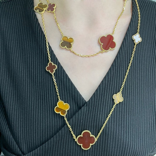 New V Gold Red Agate 16 Flower Clover Long Necklace XLA85