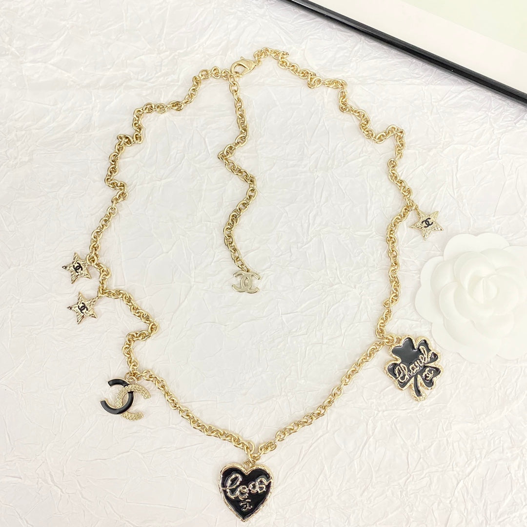 Chanel Clover Heart Long Black Gold Collar Necklace XLA72