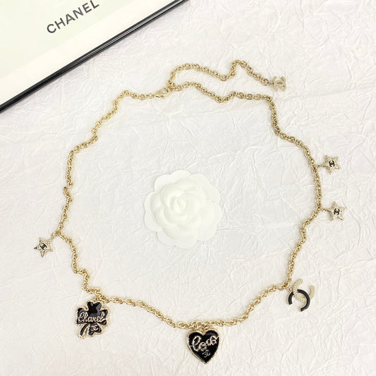 Chanel Clover Heart Long Black Gold Collar Necklace XLA72