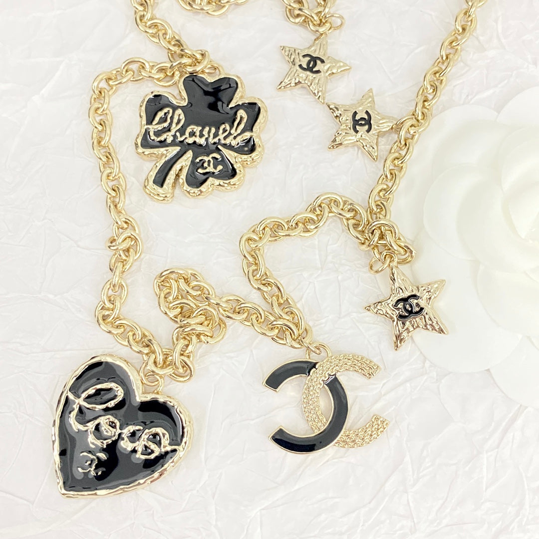 Chanel Clover Heart Long Black Gold Collar Necklace XLA72