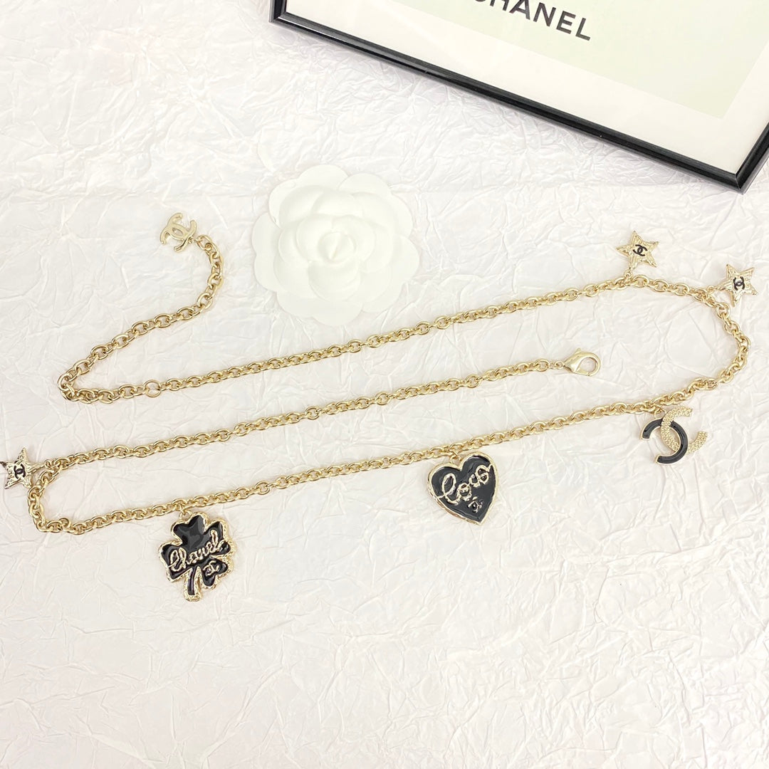 Chanel Clover Heart Long Black Gold Collar Necklace XLA72