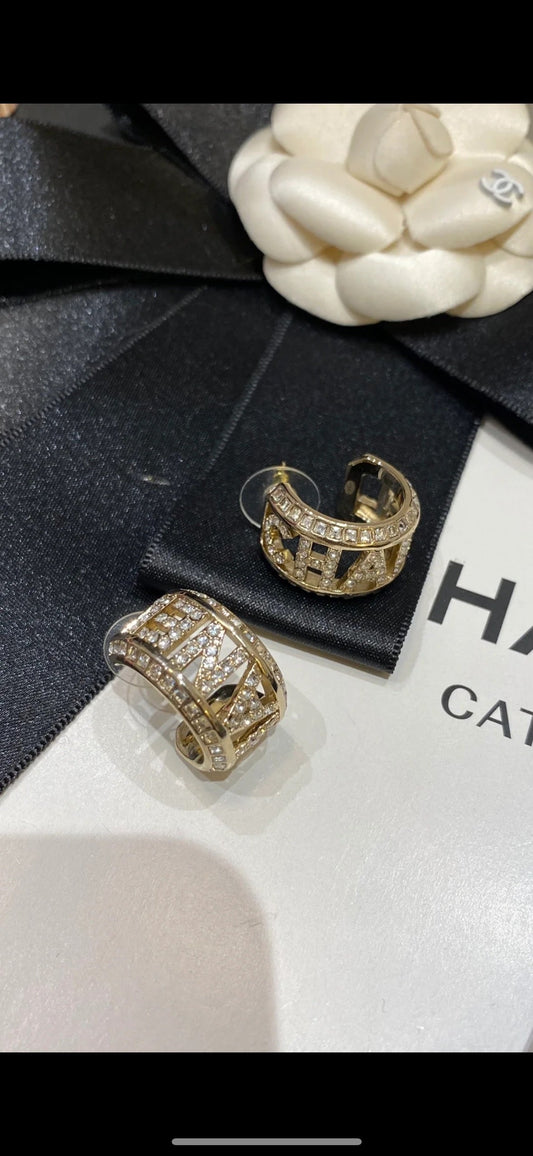 chanel new full diamond letters cc gold earrings eha105