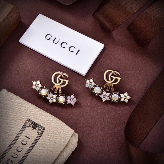 gucci crystal double g full diamond fan shaped ancient gold earrings eha117