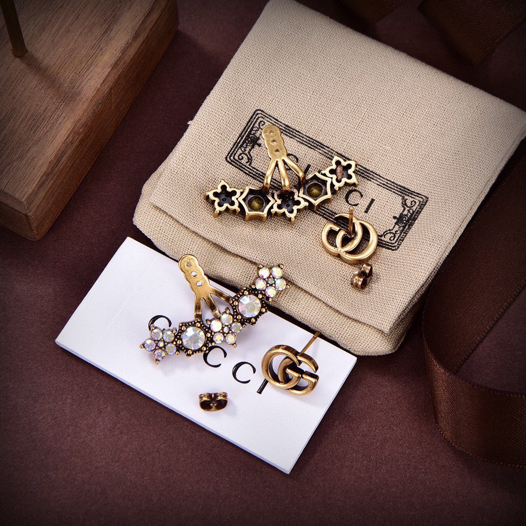 gucci crystal double g full diamond fan shaped ancient gold earrings eha117