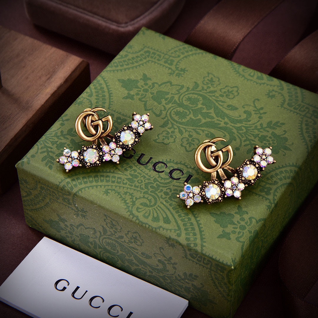 gucci crystal double g full diamond fan shaped ancient gold earrings eha117