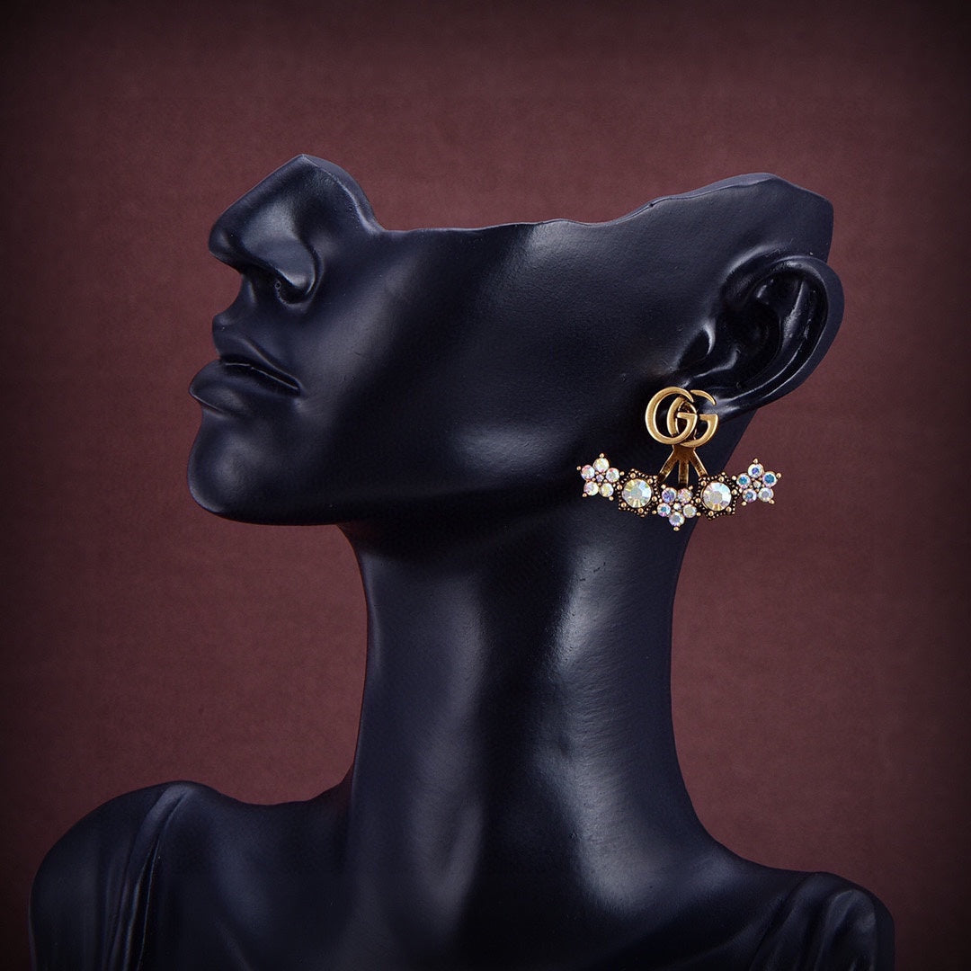 gucci crystal double g full diamond fan shaped ancient gold earrings eha117