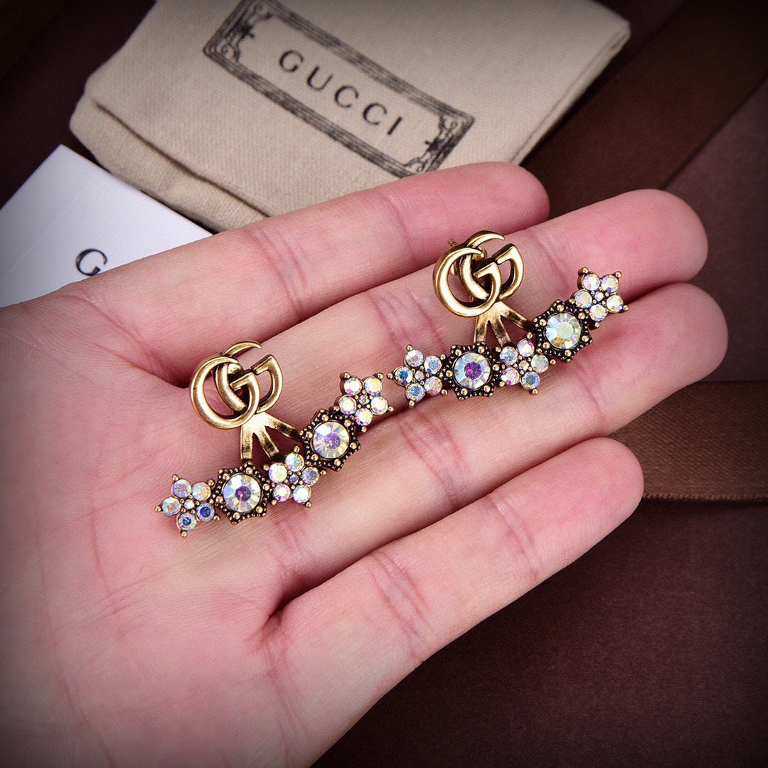 gucci crystal double g full diamond fan shaped ancient gold earrings eha117