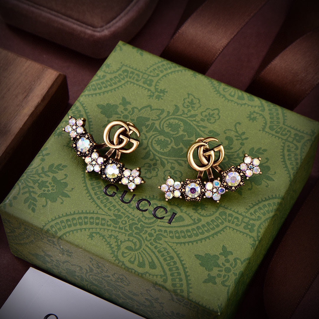 gucci crystal double g full diamond fan shaped ancient gold earrings eha117