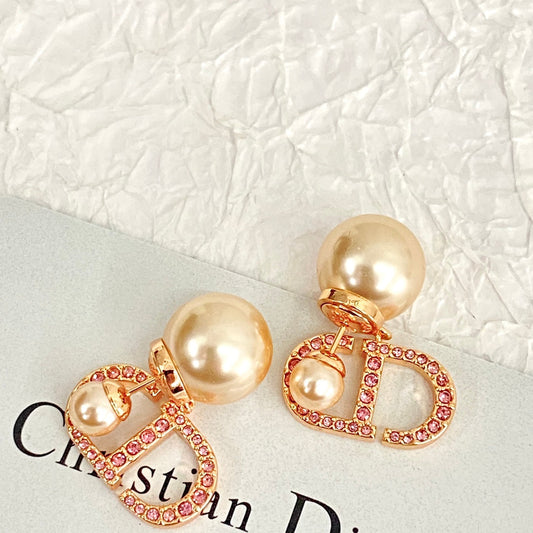 dior rose gold double beads pink diamond cd pendant earrings eha89