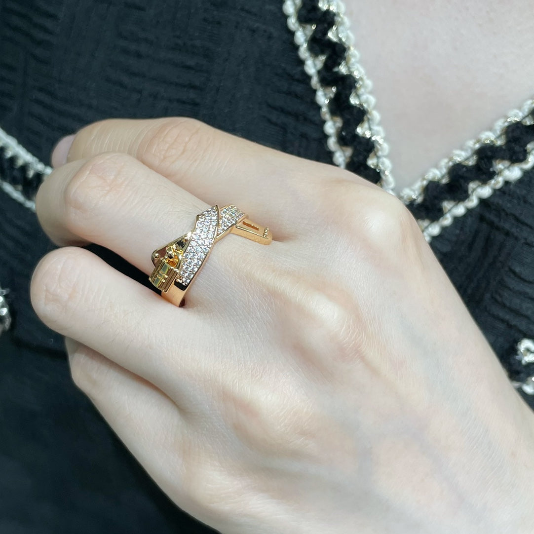 new herm e s light luxury full diamond cross h lock gold ring jza34