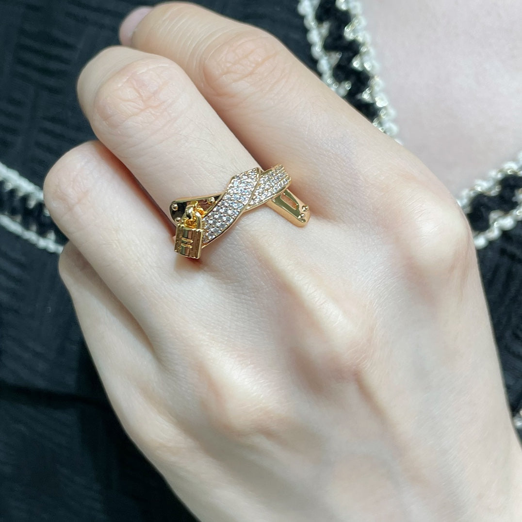 new herm e s light luxury full diamond cross h lock gold ring jza34