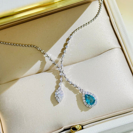 Internet celebrity hot selling double water drop blue tassel pure silver bead necklace XLA96