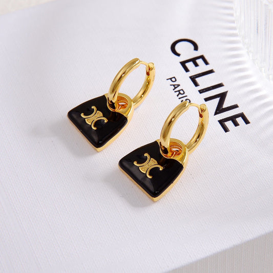 celines new black enamel personalized bag with gold earrings eha101