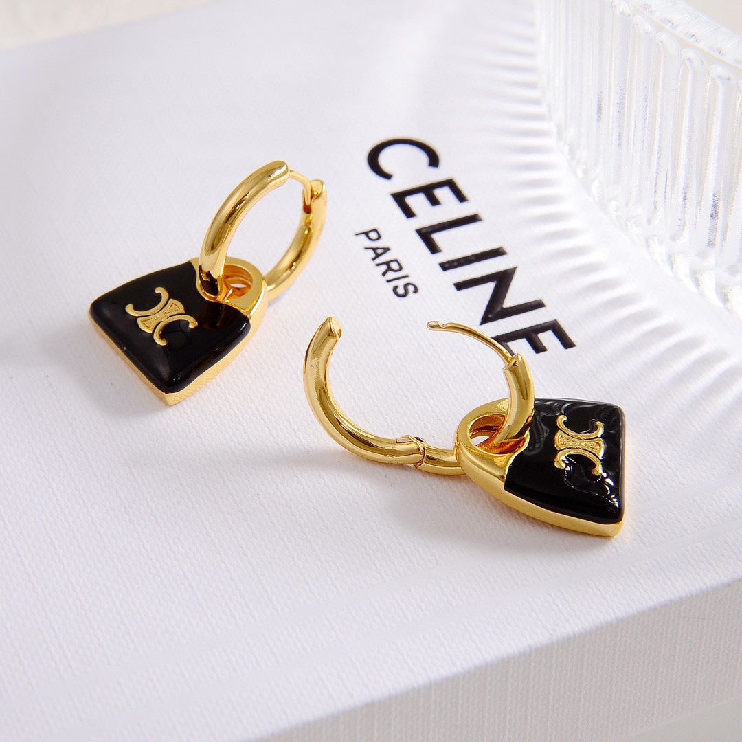 celines new black enamel personalized bag with gold earrings eha101