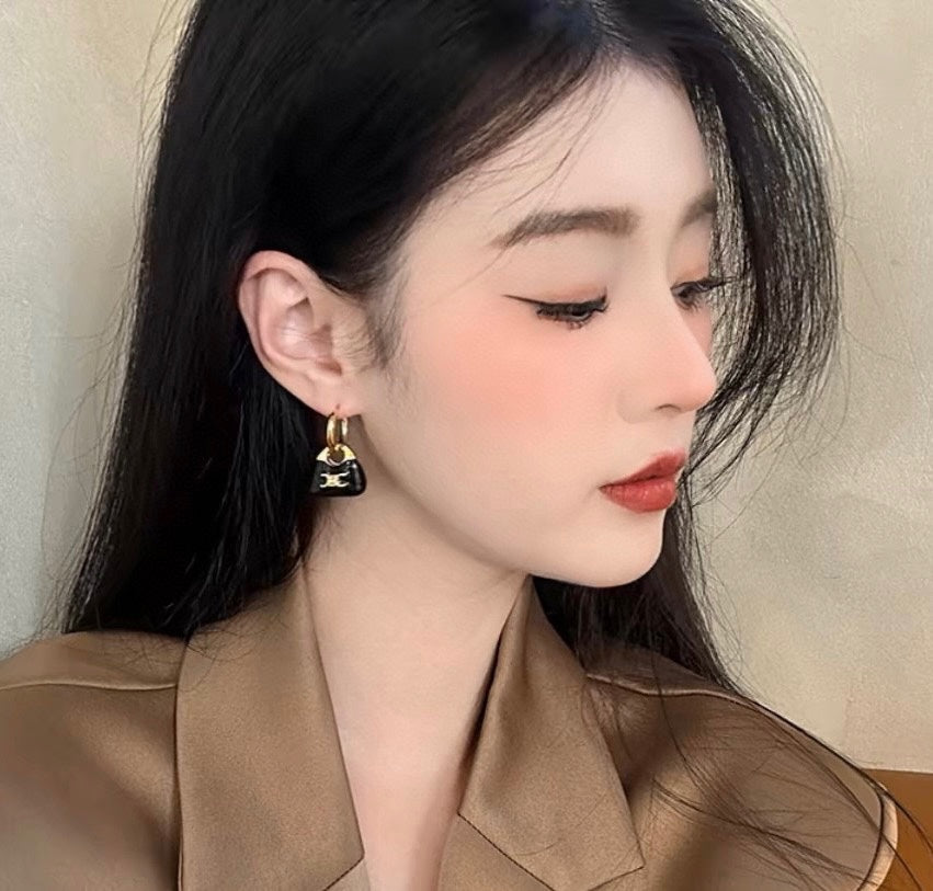 celines new black enamel personalized bag with gold earrings eha101