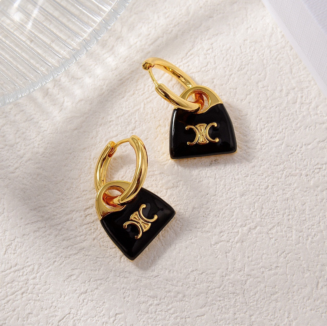 celines new black enamel personalized bag with gold earrings eha101