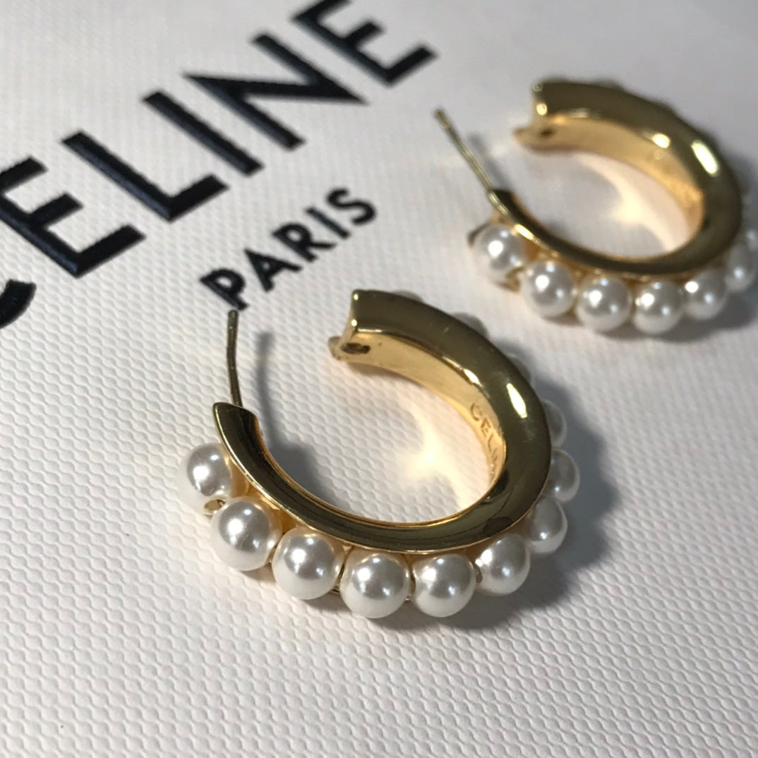 celines new fashionable gold circle pearl earrings eha122