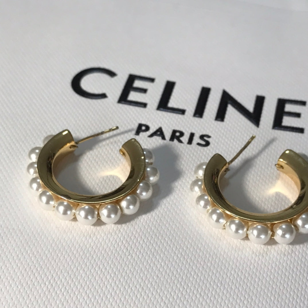 celines new fashionable gold circle pearl earrings eha122