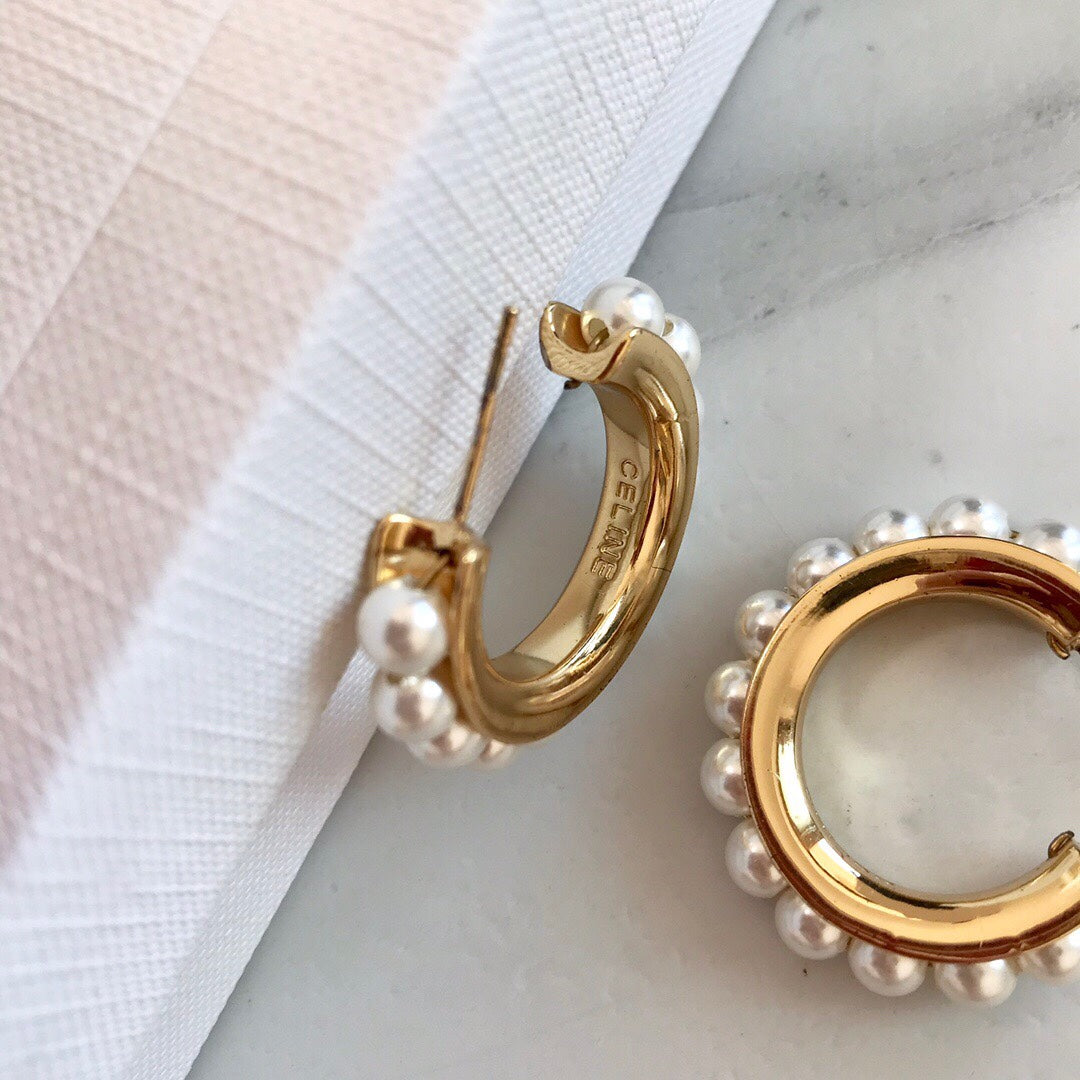 celines new fashionable gold circle pearl earrings eha122