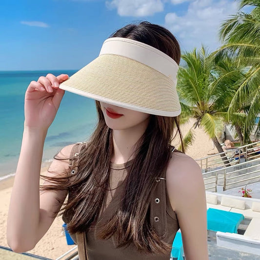 new sunshade beige double layer sunscreen straw weaving empty top hat mza47