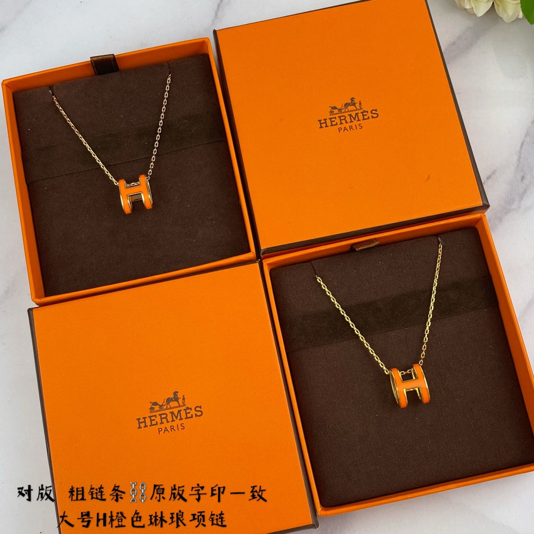 H Letter 18K Gold Large Premium Enamel Orange Necklace XLA80