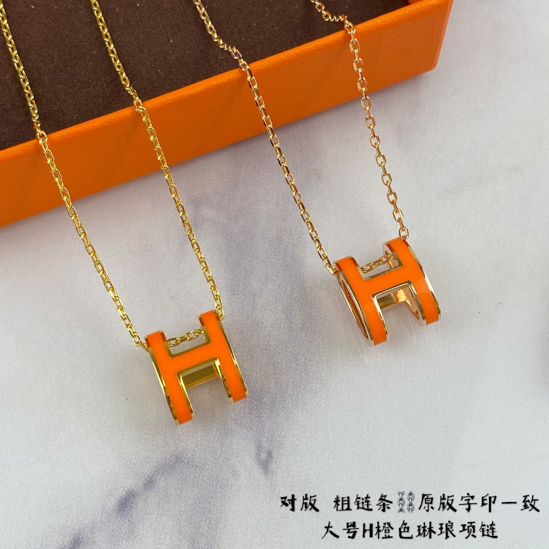 H Letter 18K Gold Large Premium Enamel Orange Necklace XLA80