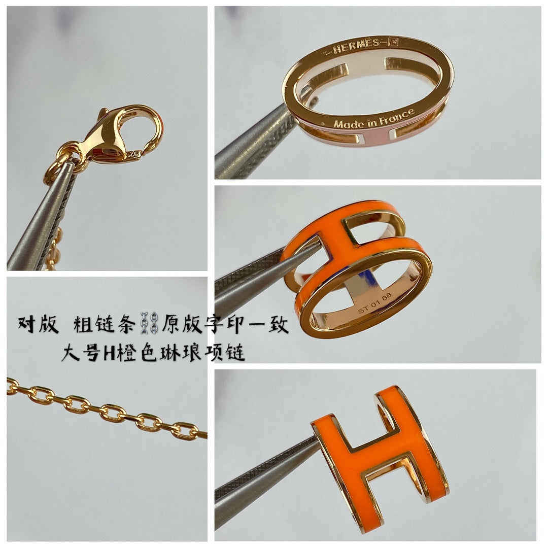 H Letter 18K Gold Large Premium Enamel Orange Necklace XLA80