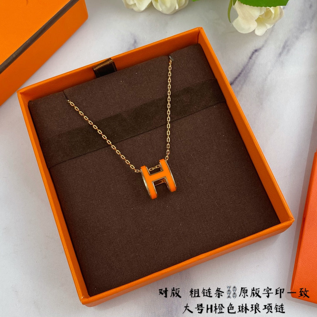 H Letter 18K Gold Large Premium Enamel Orange Necklace XLA80