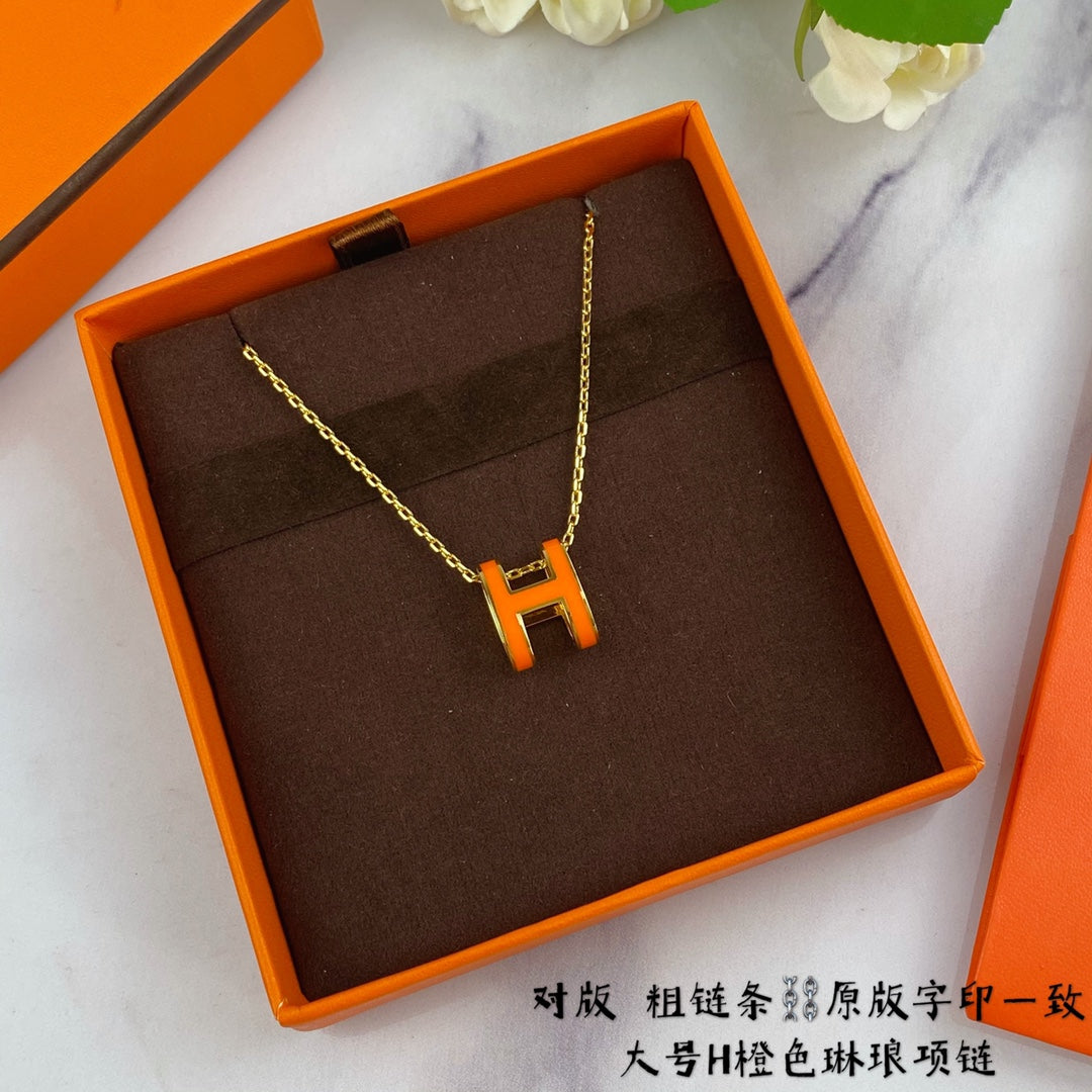 H Letter 18K Gold Large Premium Enamel Orange Necklace XLA80