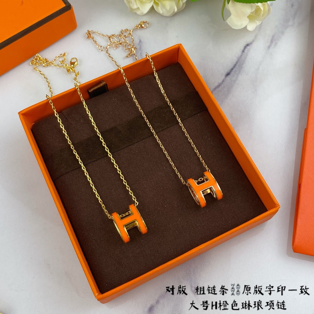 H Letter 18K Gold Large Premium Enamel Orange Necklace XLA80