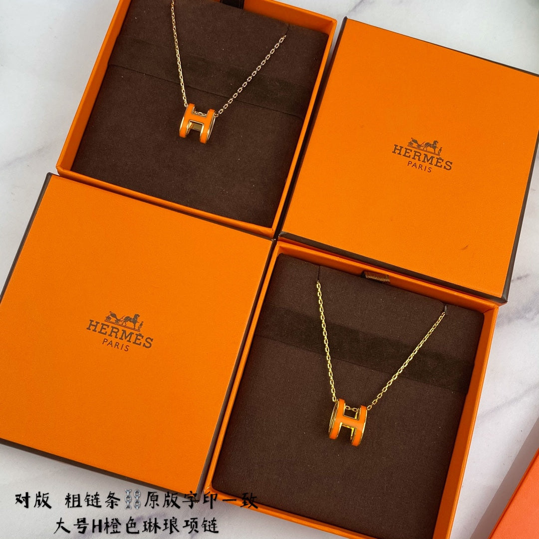 H Letter 18K Gold Large Premium Enamel Orange Necklace XLA80