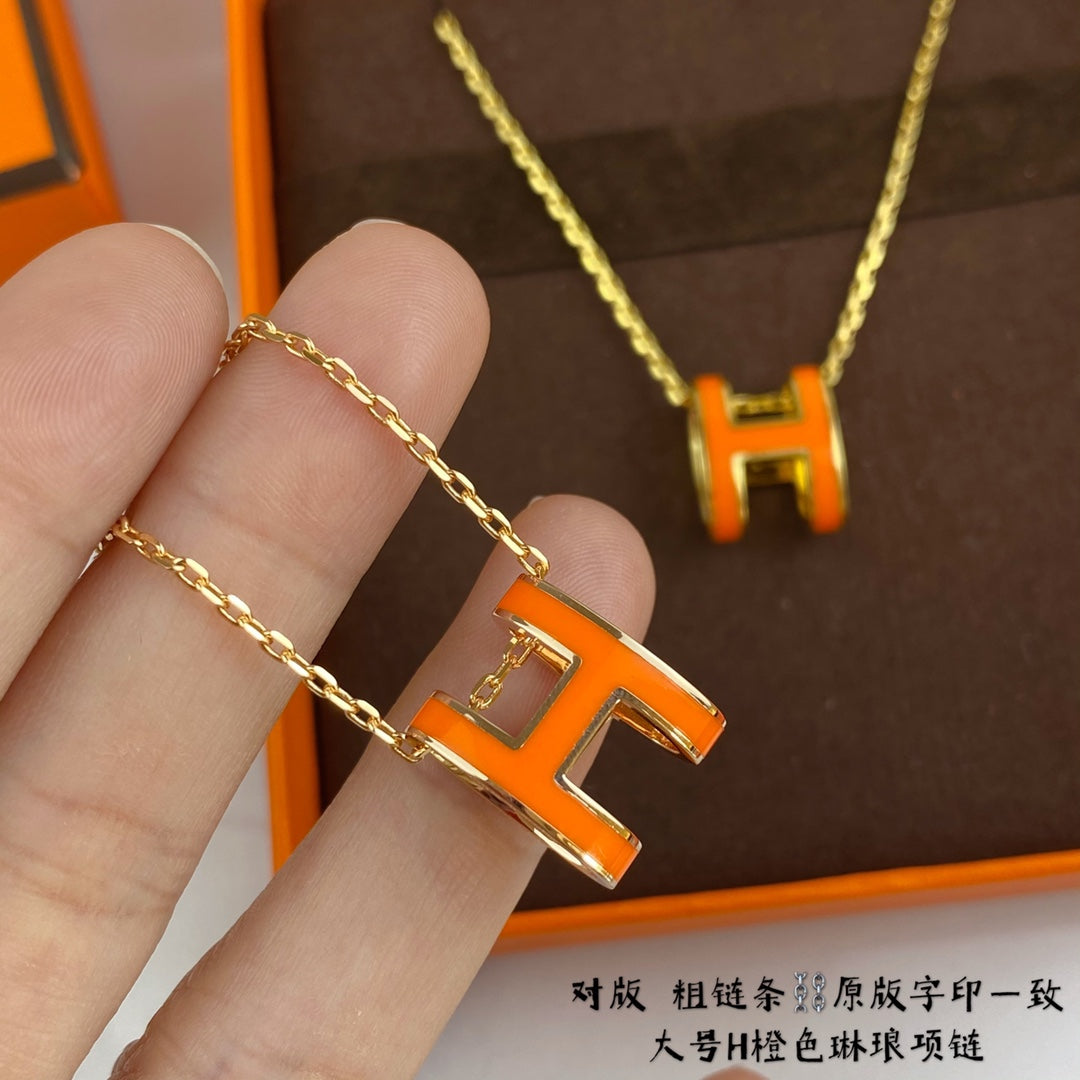 H Letter 18K Gold Large Premium Enamel Orange Necklace XLA80